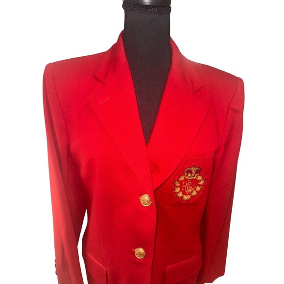 Vintage Ralph Lauren 3D CREST Red Designer Womens 12  Jacket Blazer Money Preppy - Picture 3 of 16